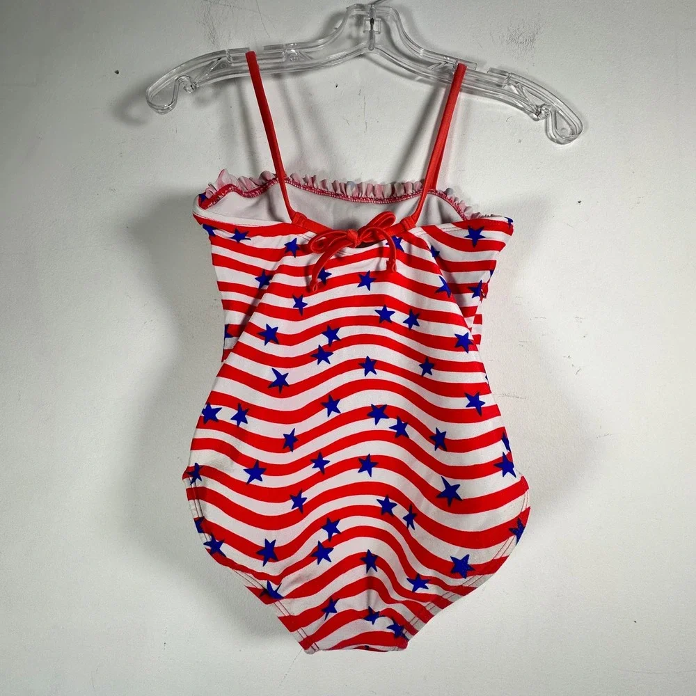 Cat & Jack Girls M 8 Patriotic Stars Stripes One Piece Swimsuit Cutout Ruffle